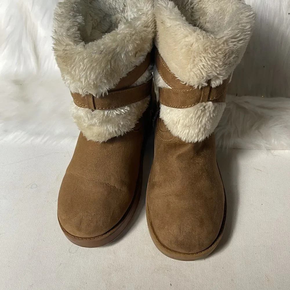 G by Gess tan suede faux fur ankle boots with side buckle slip on.